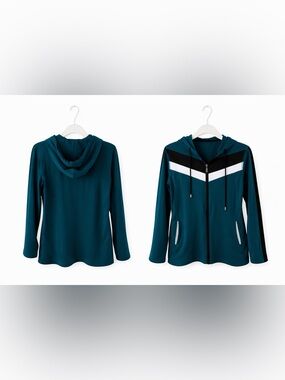 Teal Zip-Up Hooded Jacket with Chevron Detail